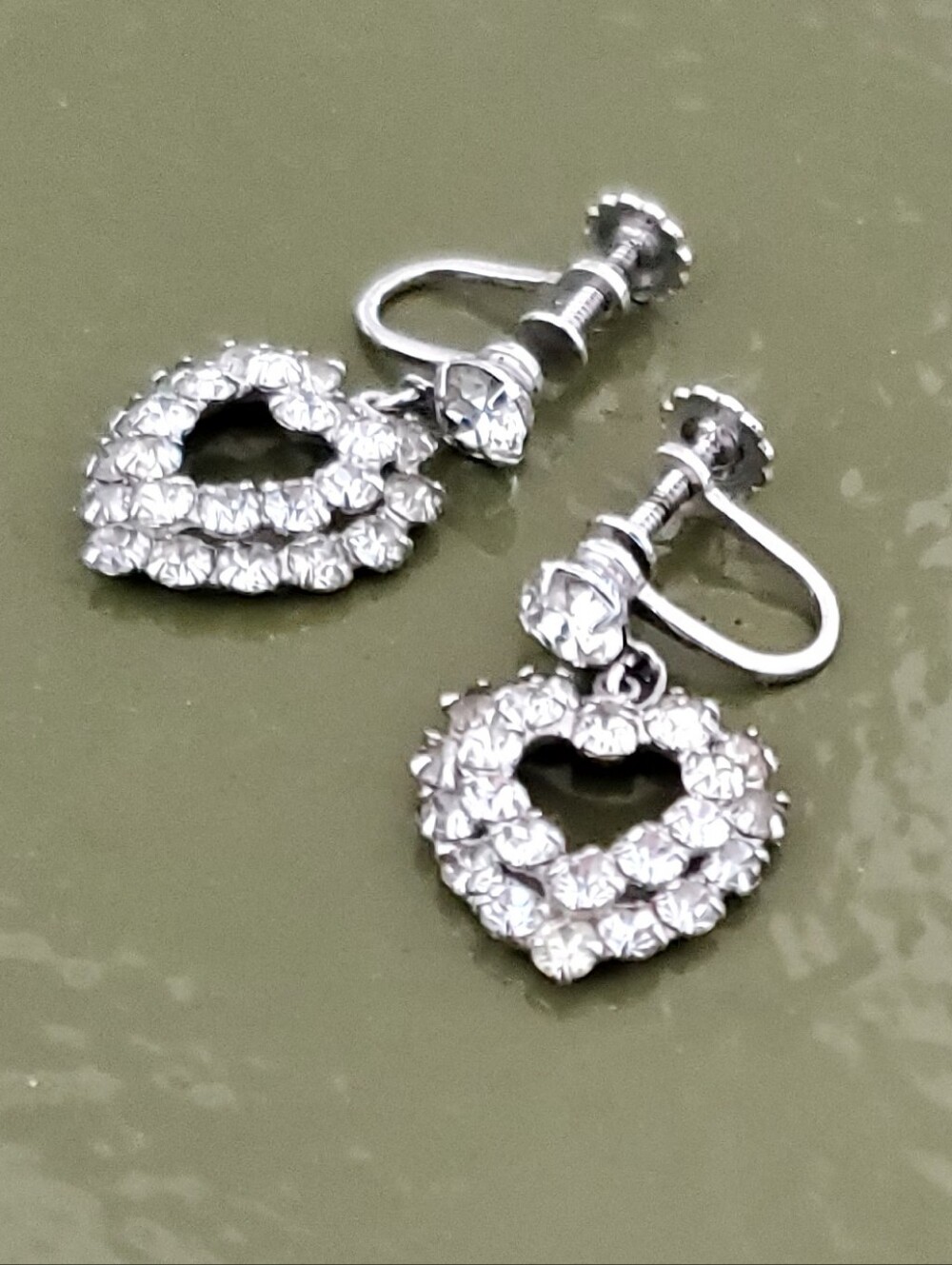 Vintage Sterling Silver Sparking Dangle Rhinestone Heart Screw Back Earrings